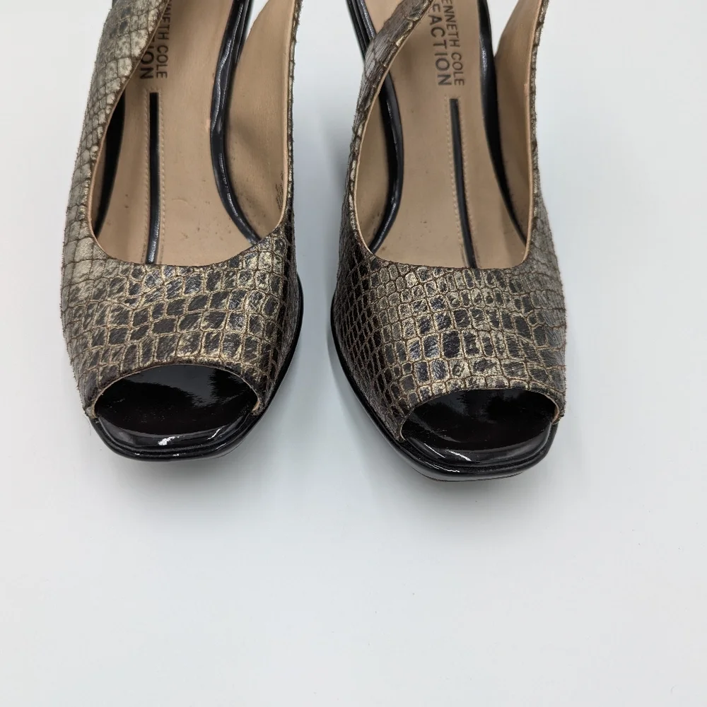 Kenneth Cole Leather Snakeprint Wedge Sandals Slingback 7M Minimalist Retro